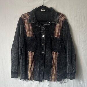 POL Black Corduroy Jean Jacket with Brown Plaid Panels